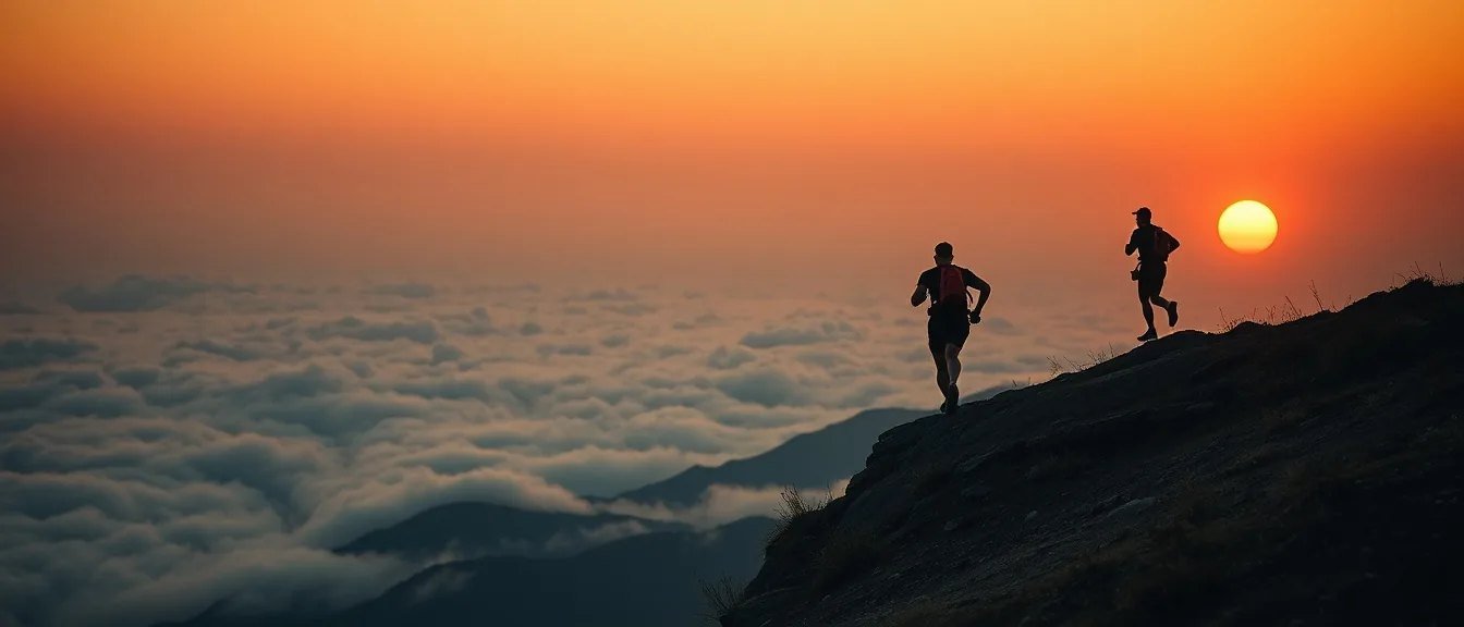 Two runners climbing above a sea of cloud as the light fades over the valley