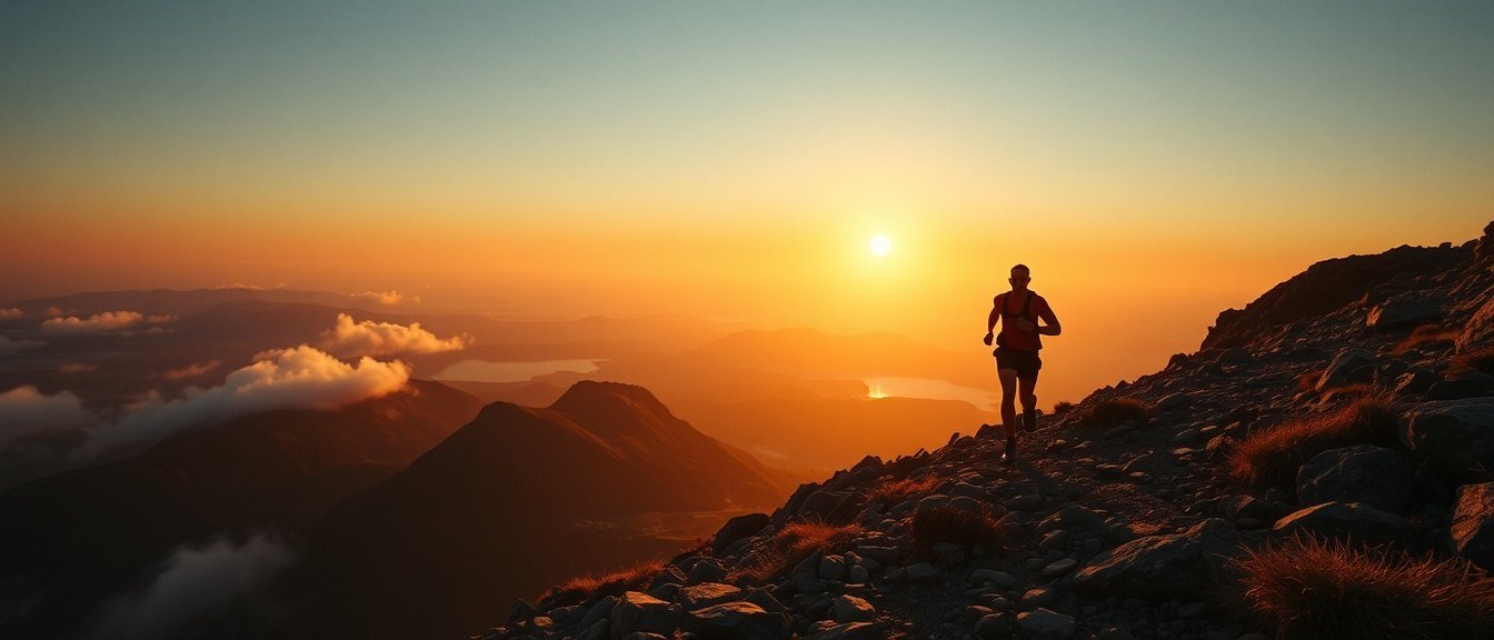 A trail runner high on Ben Nevis above a loch at sunset