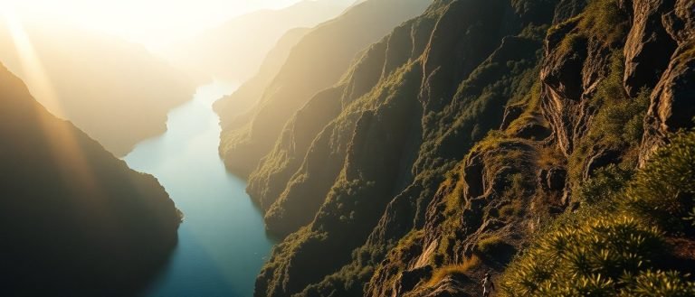 A trail runner above a deep New Zealand fiord at golden hour