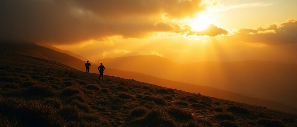 Two trail runners on the Kinder Scout moorland plateau at golden hour