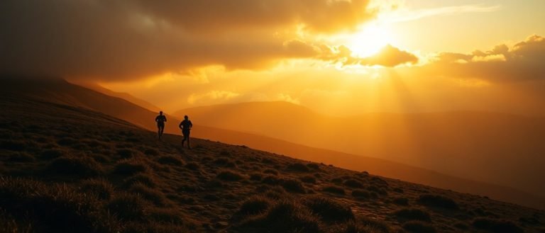 Two trail runners on the Kinder Scout moorland plateau at golden hour