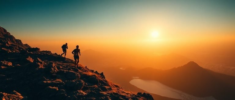 Two trail runners on a Snowdonia ridgeline at sunset