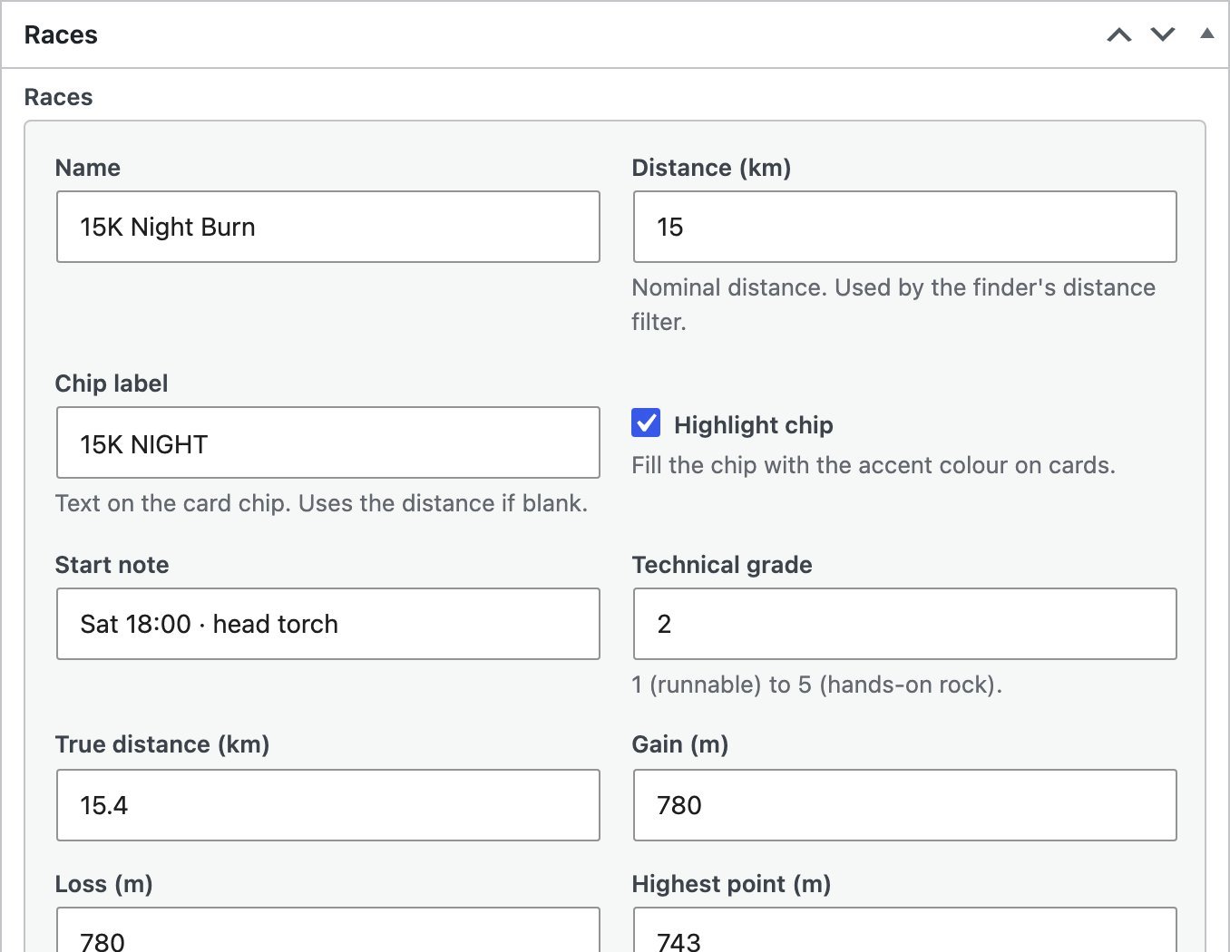 The Races box on an event in wp-admin, with name, distance, chip label, grade and climb for one race