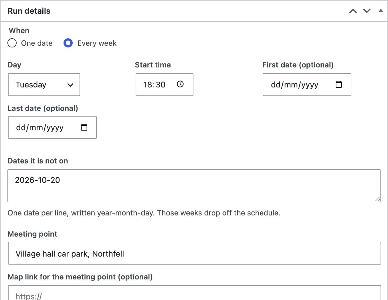 The Run details box on a run in wp-admin, with day, start time, skipped dates and meeting point