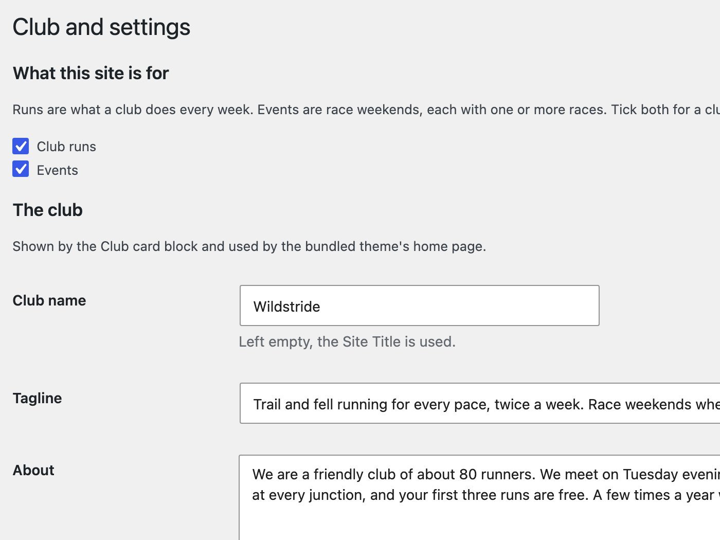 The Club and settings page in wp-admin, with the Club runs and Events switches and the club name